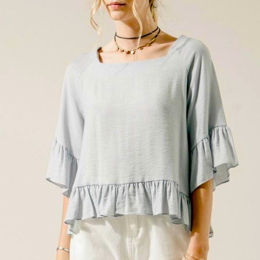 Moon River Blue Ruffle Square Neck Blouse